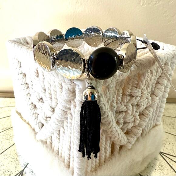 Chico's Cade Stretch Silver and Black Disc Bracelet - Picture 1 of 2